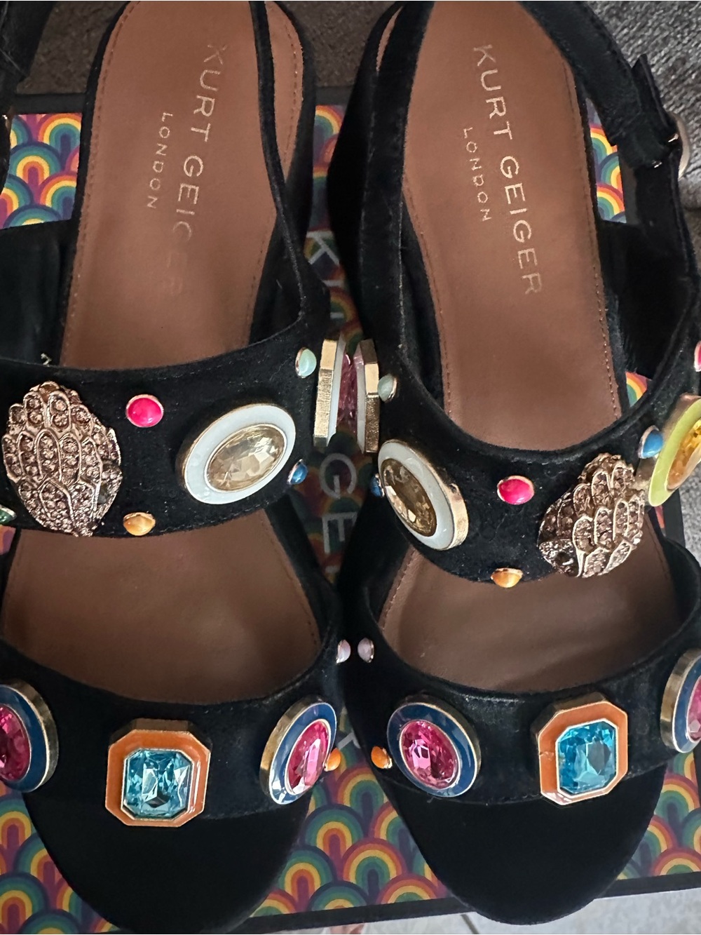 Kurt Geiger Black Velvet Jeweled Platform Sandals - Picture 8 of 8